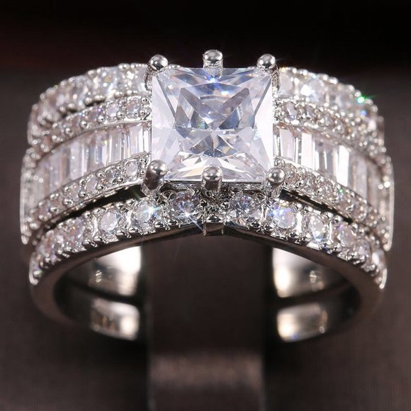 NEW 3 PC/Set Princess Cut Silver Diamond Ring - Picture 2 of 4